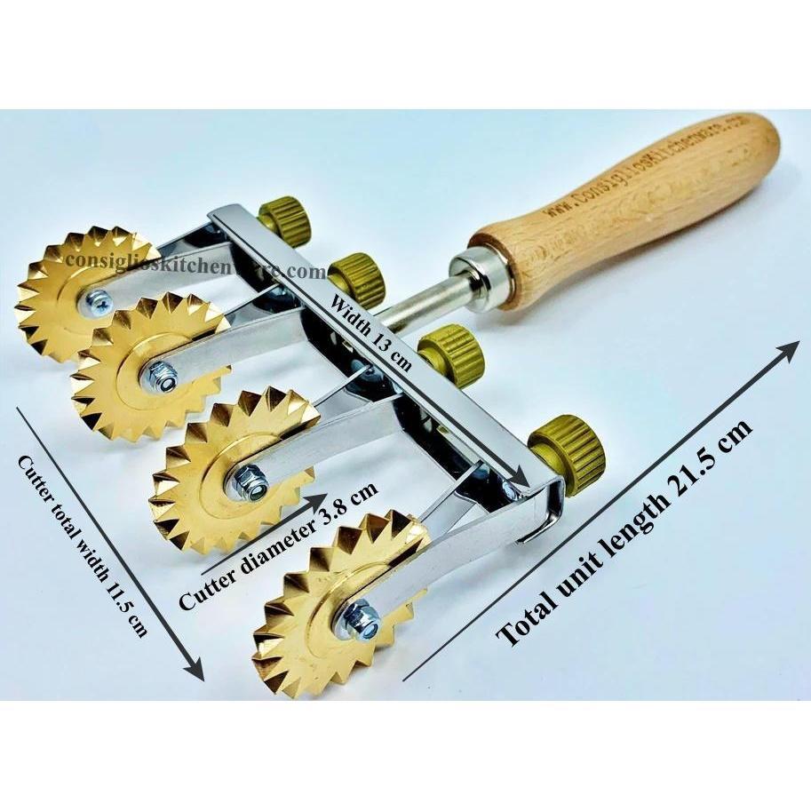 Brass Adjustable Fluted Pastry and Pasta Cutter with 4 Wheels