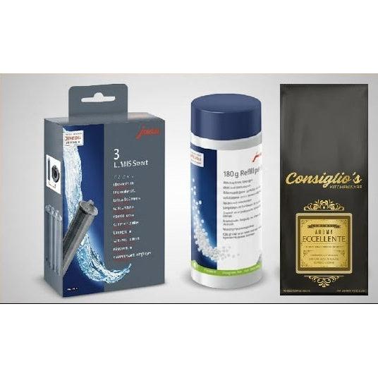 $150+ Value - Jura Milk System Cleaner Tablets 180gr /Jura Claris Smart Filter Box of 3 / Consiglio's Aroma Eccellente Beans 1 KG